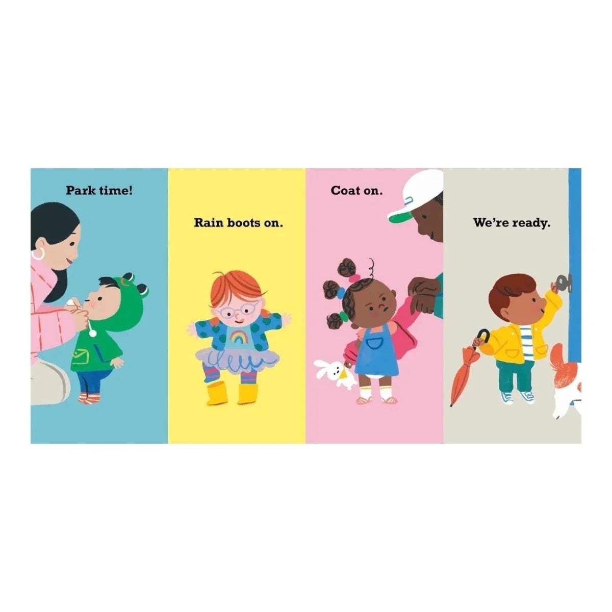 Toddler talk board book interior spread with four scenes: park time, rain boots, coat on