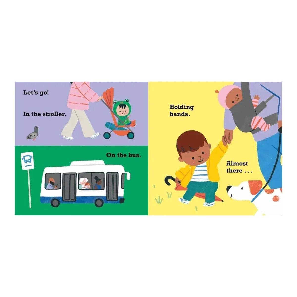 Toddler talk board book interior spread with stroller, bus, holding hands, and almost there