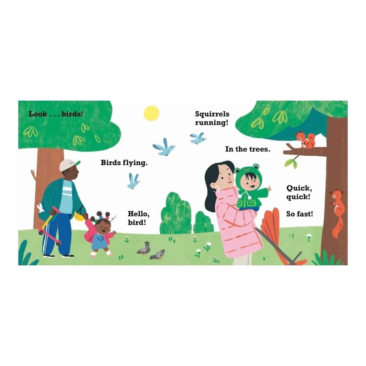 Toddler talk board book interior spread with kids and animals: birds flying, squirrels in trees