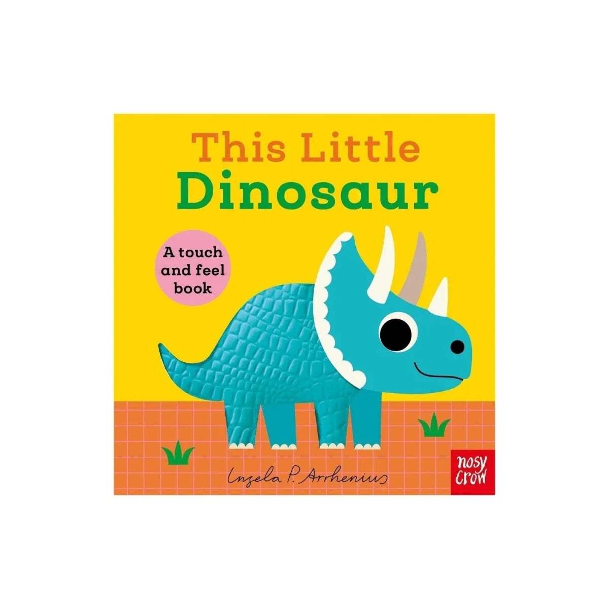 Nosy Crow touch-and-feel dinosaur board book cover with blue dinosaur and title text