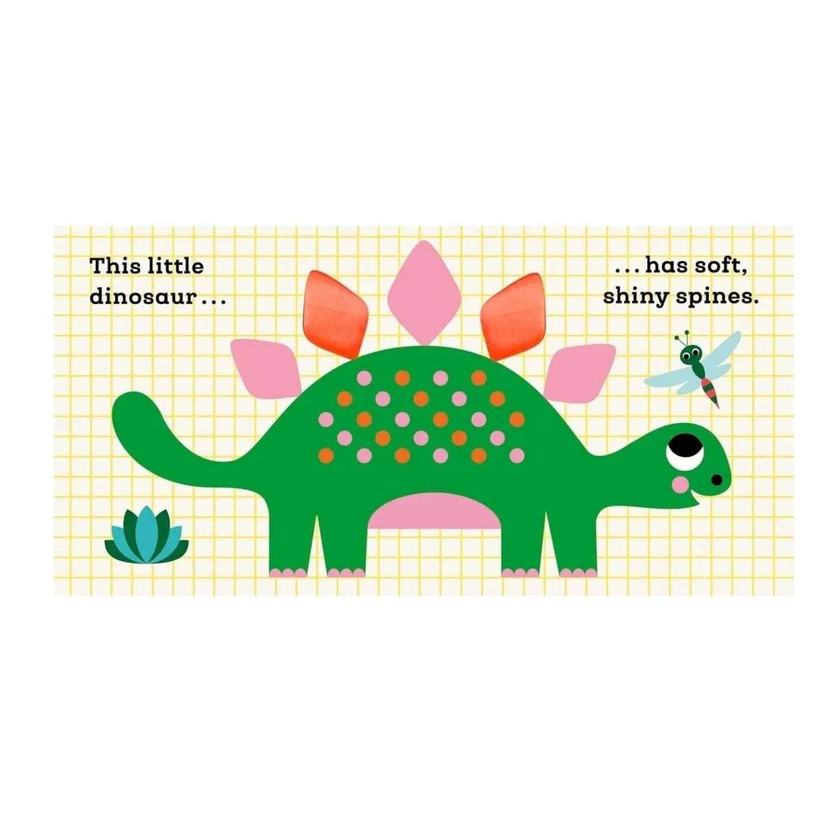 Dinosaur board book cover with green dinosaur, pink fins, and spotted back
