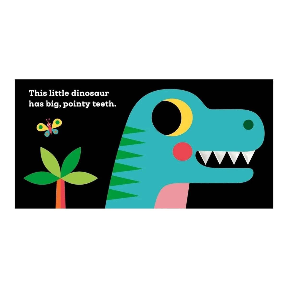 Dinosaur board book cover with teal dinosaur head, yellow eye, and pointed teeth