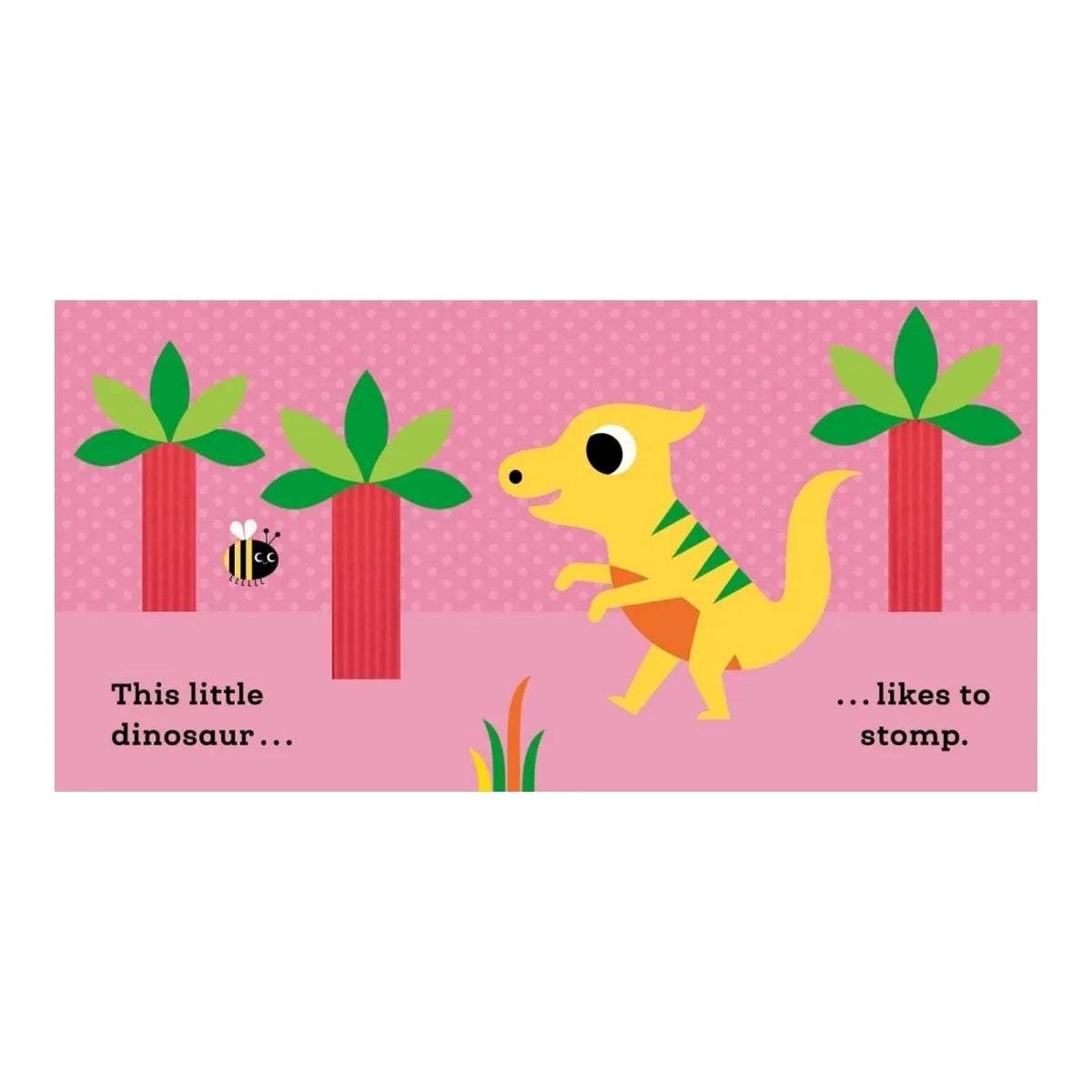 Dinosaur board book cover with yellow dinosaur, green plants, and small caterpillar
