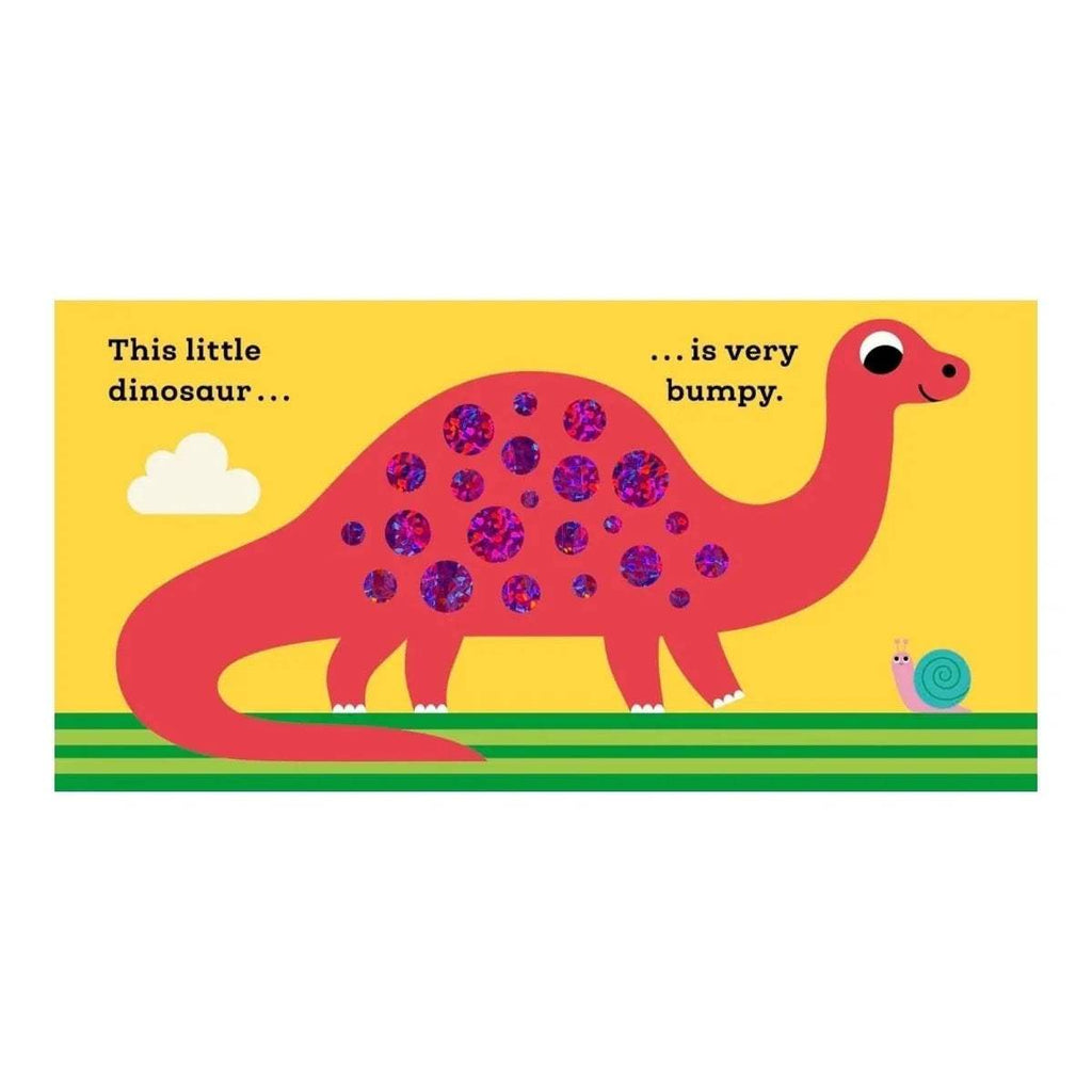Dinosaur board book cover with red dinosaur, blue spots, and curled tail