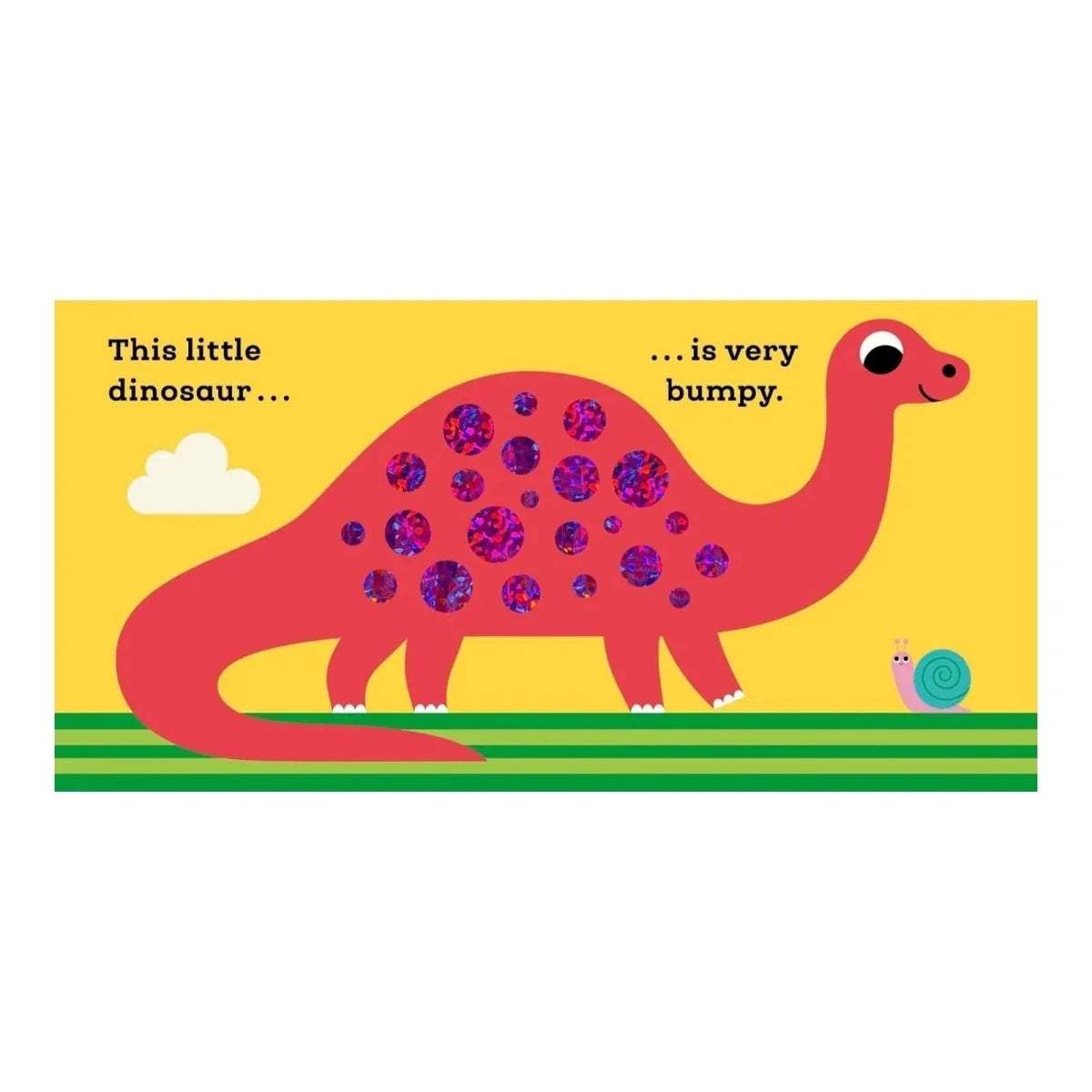 Dinosaur board book cover with red dinosaur, blue spots, and curled tail