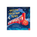 Children's picture book cover with red night-time train and starry sky illustration