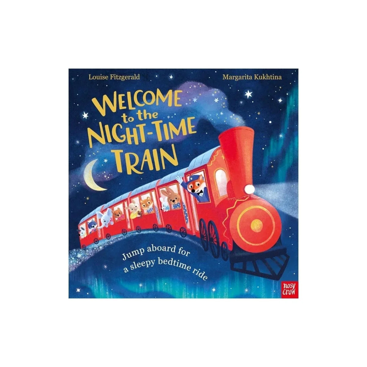 Children's picture book cover with red night-time train and starry sky illustration