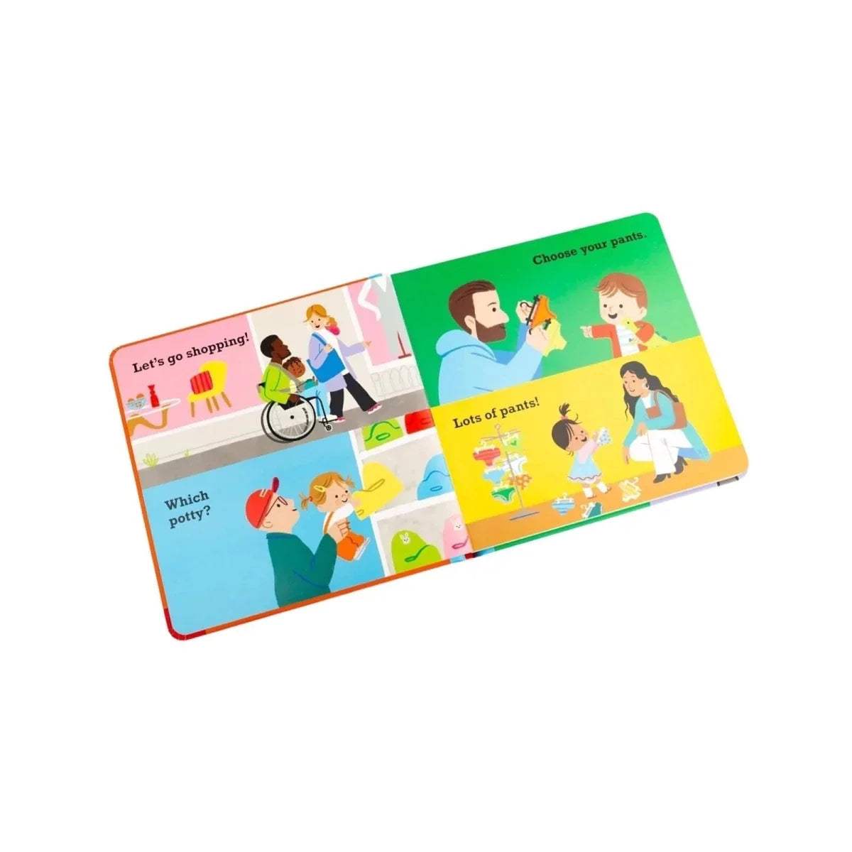 Toddler talk board book open spread with shopping and potty choice scenes