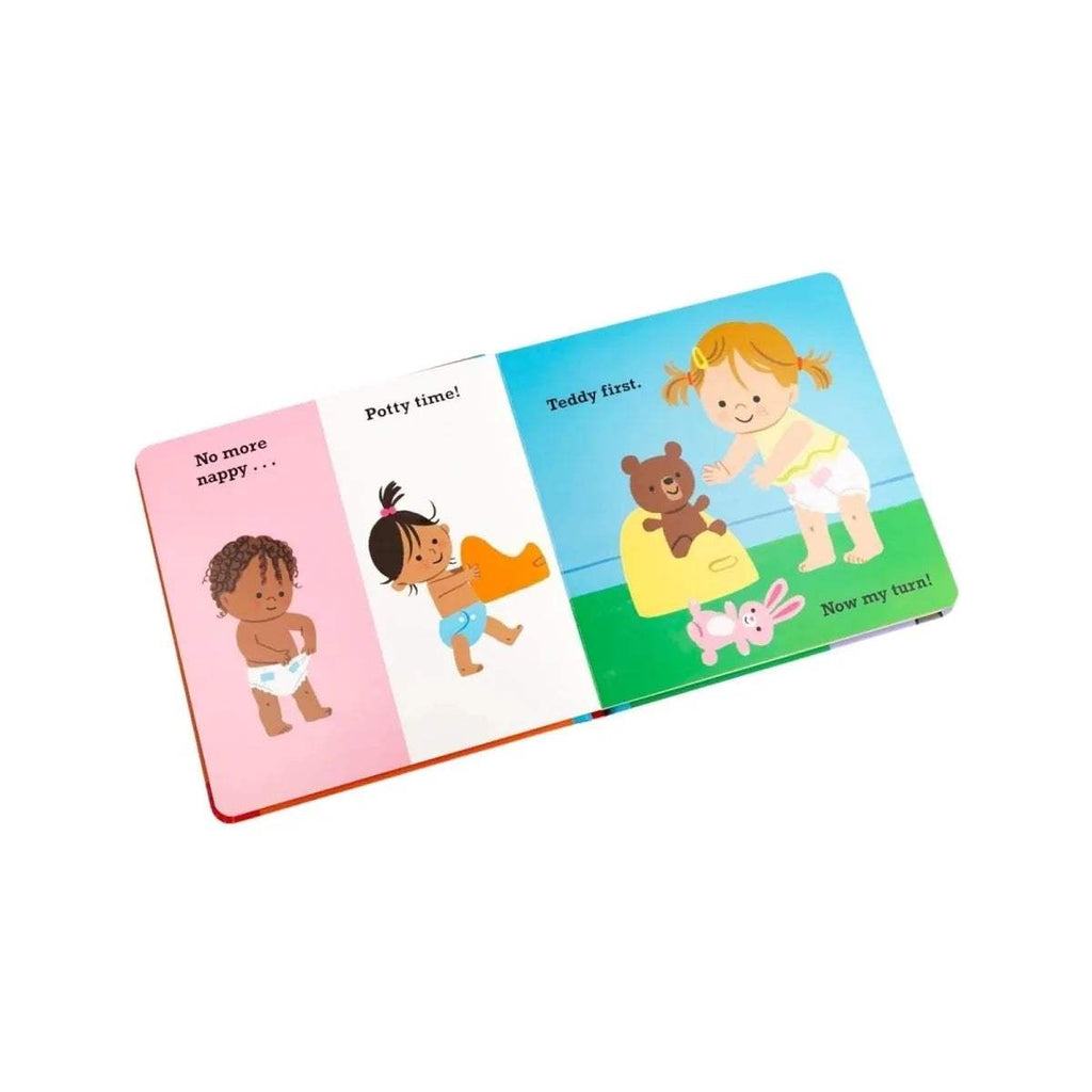 Toddler talk board book open spread with potty time, teddy first, and happy potty messages