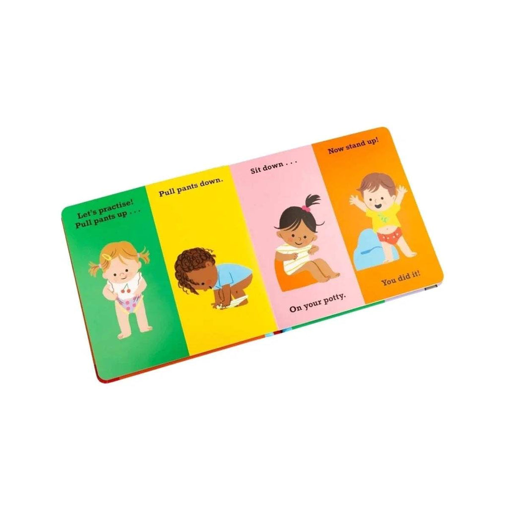 Toddler talk board book open spread with “Pull pants down” and “On your potty” scenes