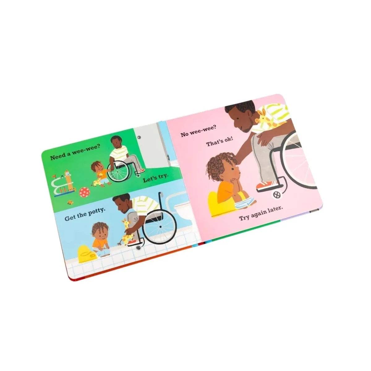 Toddler talk board book open spread with potty-training scenes and speech bubbles