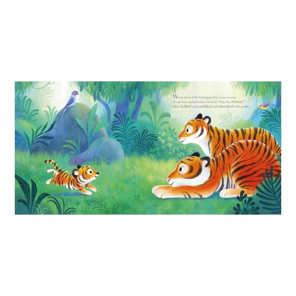 Landscape page illustration of three tigers and a small tiger cub in jungle