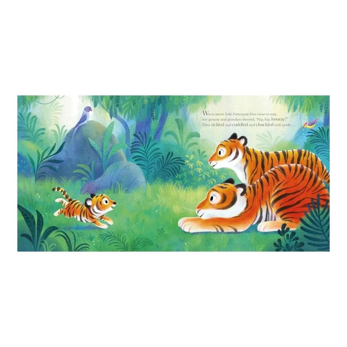 Landscape page illustration of three tigers and a small tiger cub in jungle