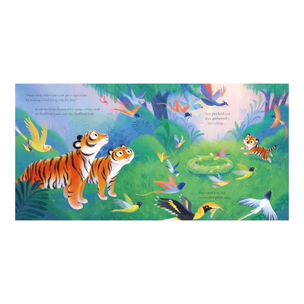 Landscape page illustration of two tigers, birds, and colorful plants in jungle