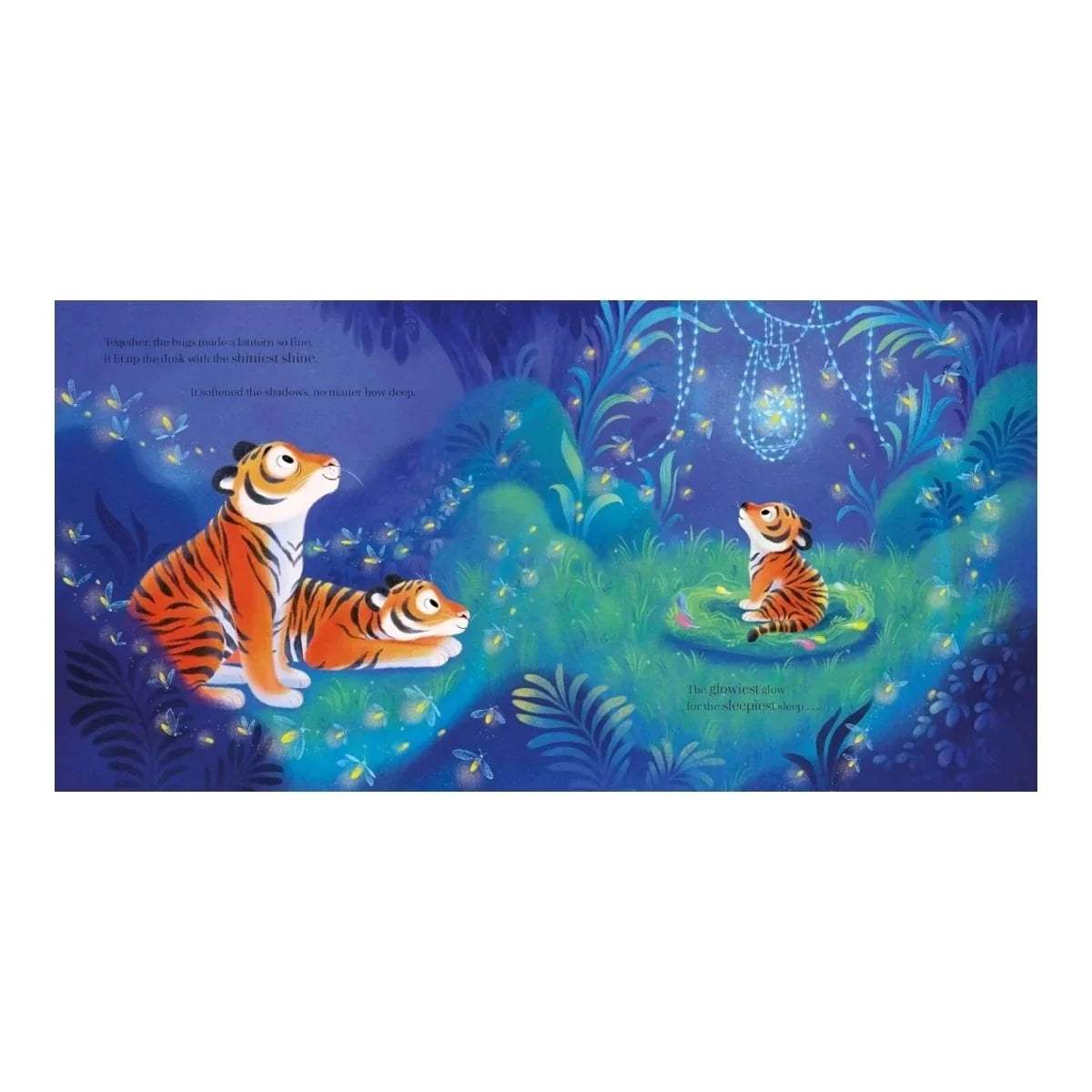 Landscape page illustration of tiger family resting among glowing fireflies