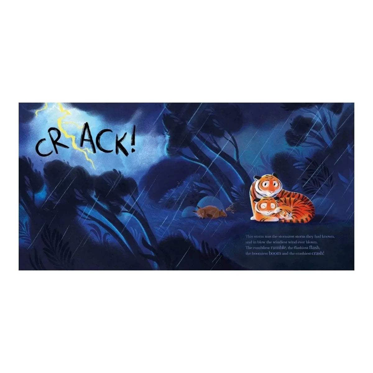 Landscape page spread of tiger cubs in blue forest with 'CRACK!'