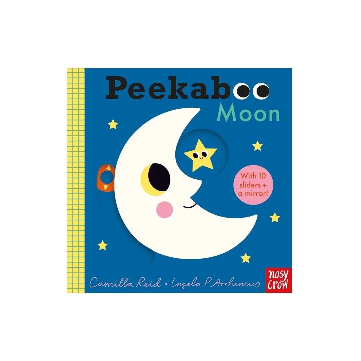 Peekaboo Moon board book cover with smiling white moon and yellow star