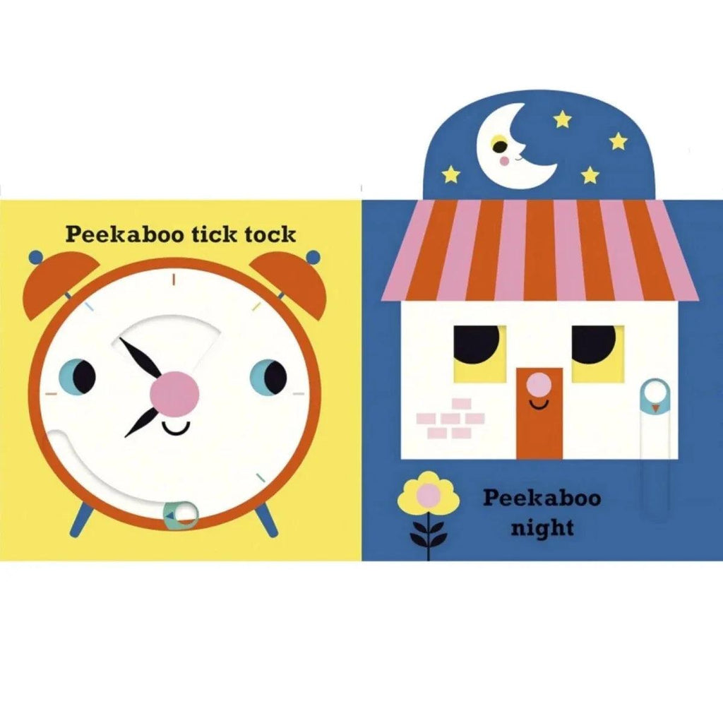 Peekaboo book spread: round-faced cat with clock on left, starry night house on right