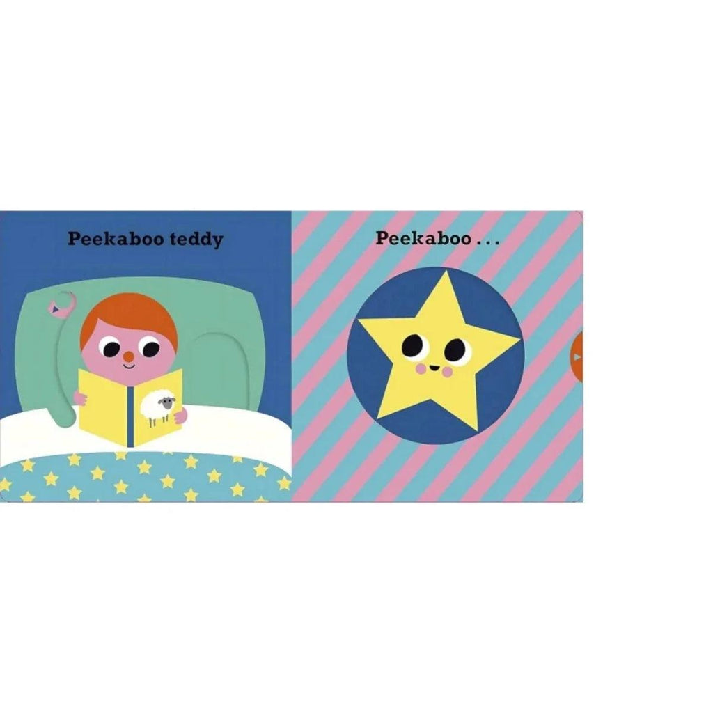 Peekaboo book spread: teddy in bed on left, yellow star face on right