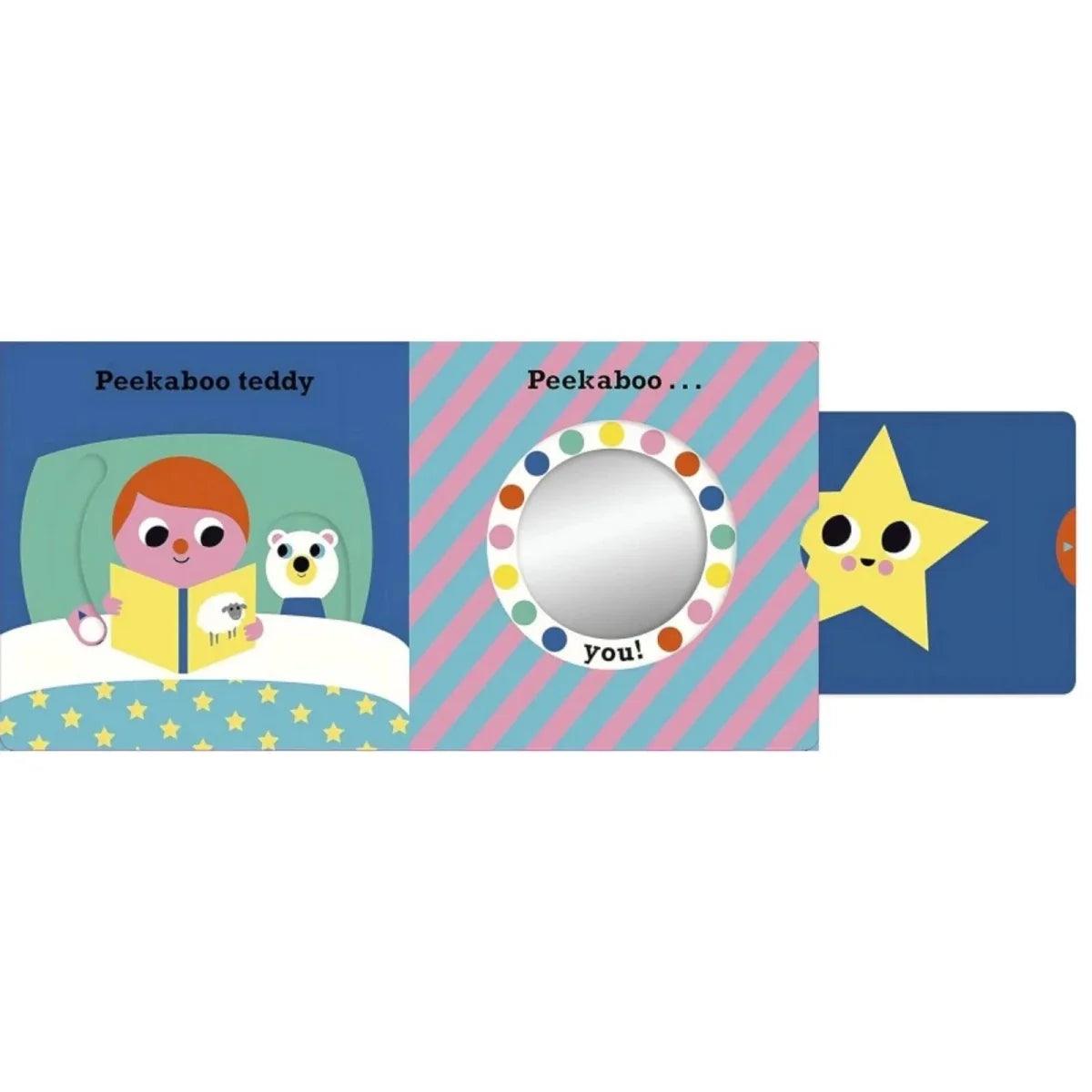 Peekaboo book spread: teddy in bed, round mirror window, and yellow star character