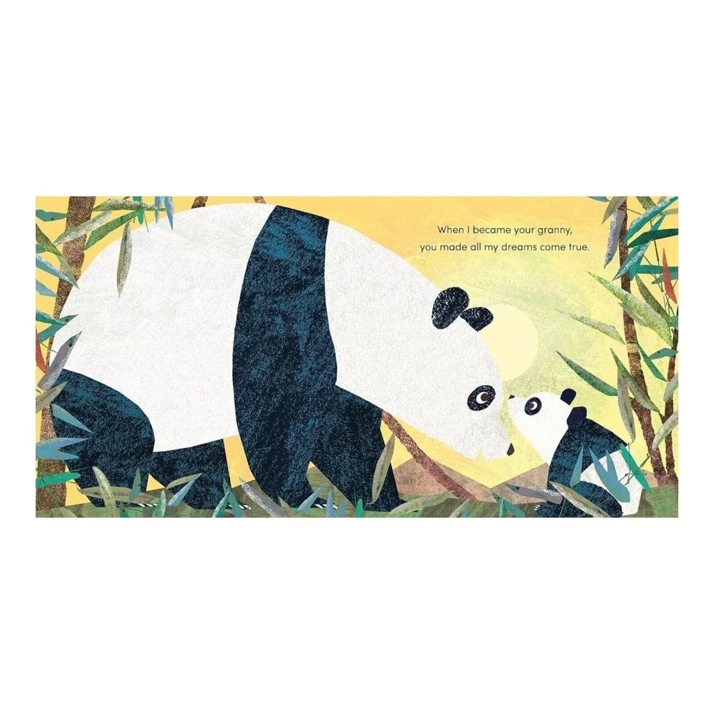 Children's picture book cover showing panda and cub faces in bamboo