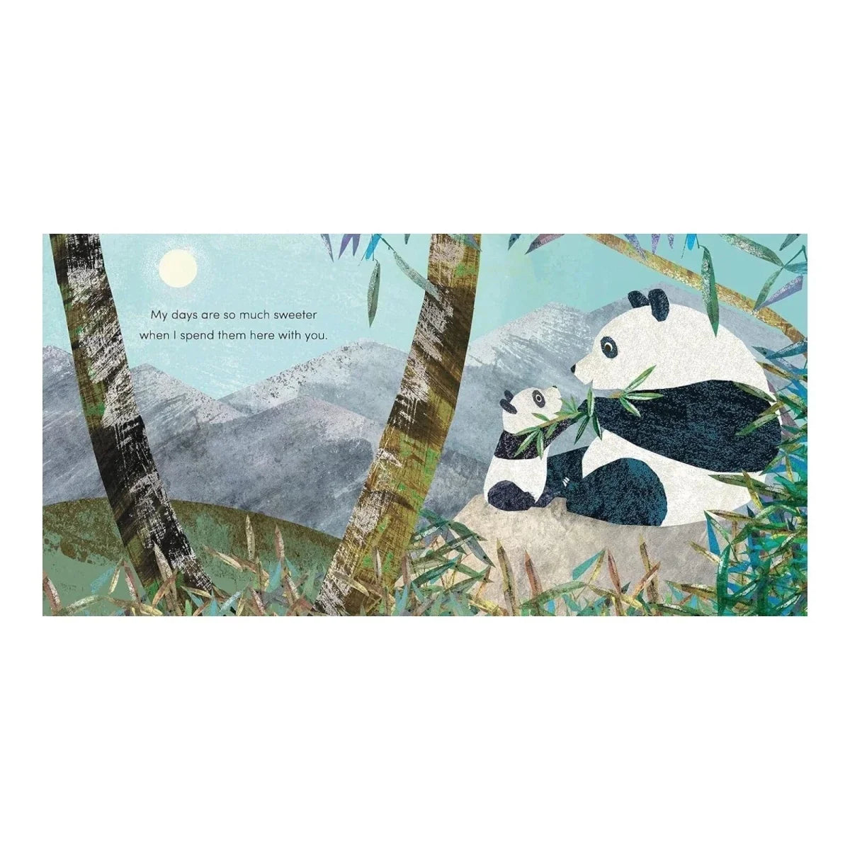 Children's picture book cover with two pandas resting in grass among bamboo