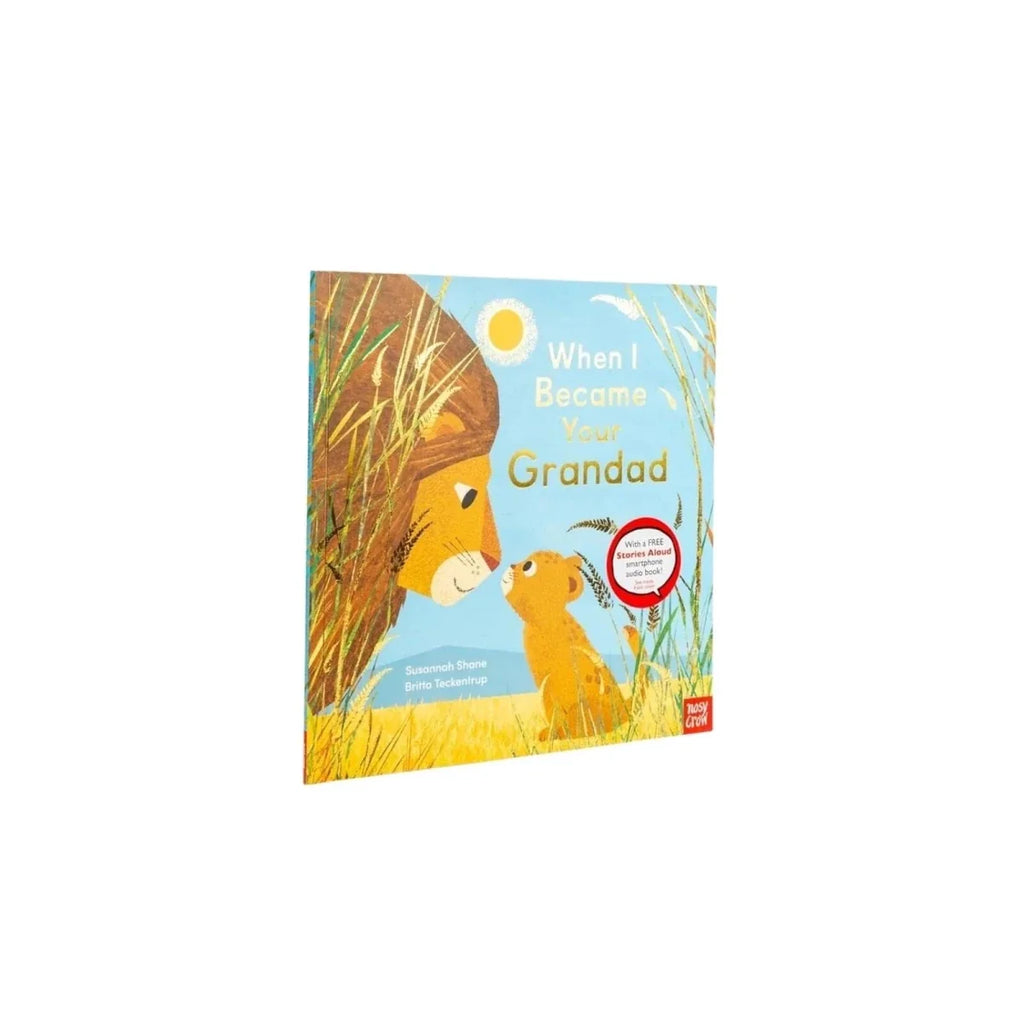 Children's picture book back cover with animals in grass, blue sky, and small badge