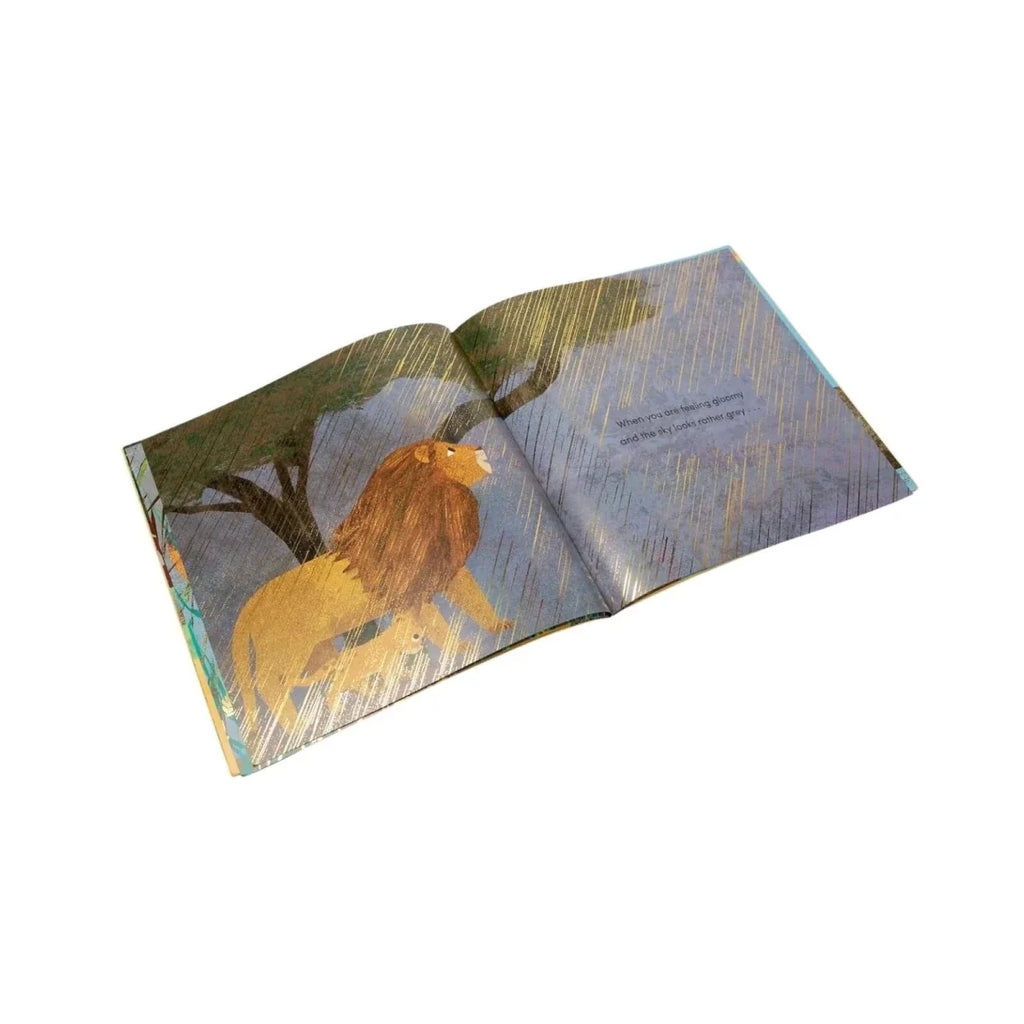 Open children's picture book showing illustrated animals and text across two pages