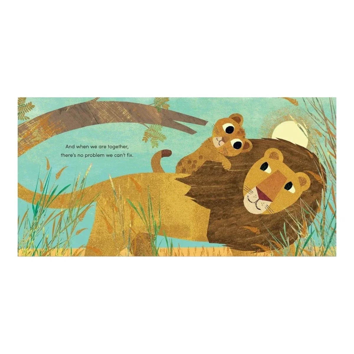 Open book spread with two lion faces and animals in grass, with readable paragraph text