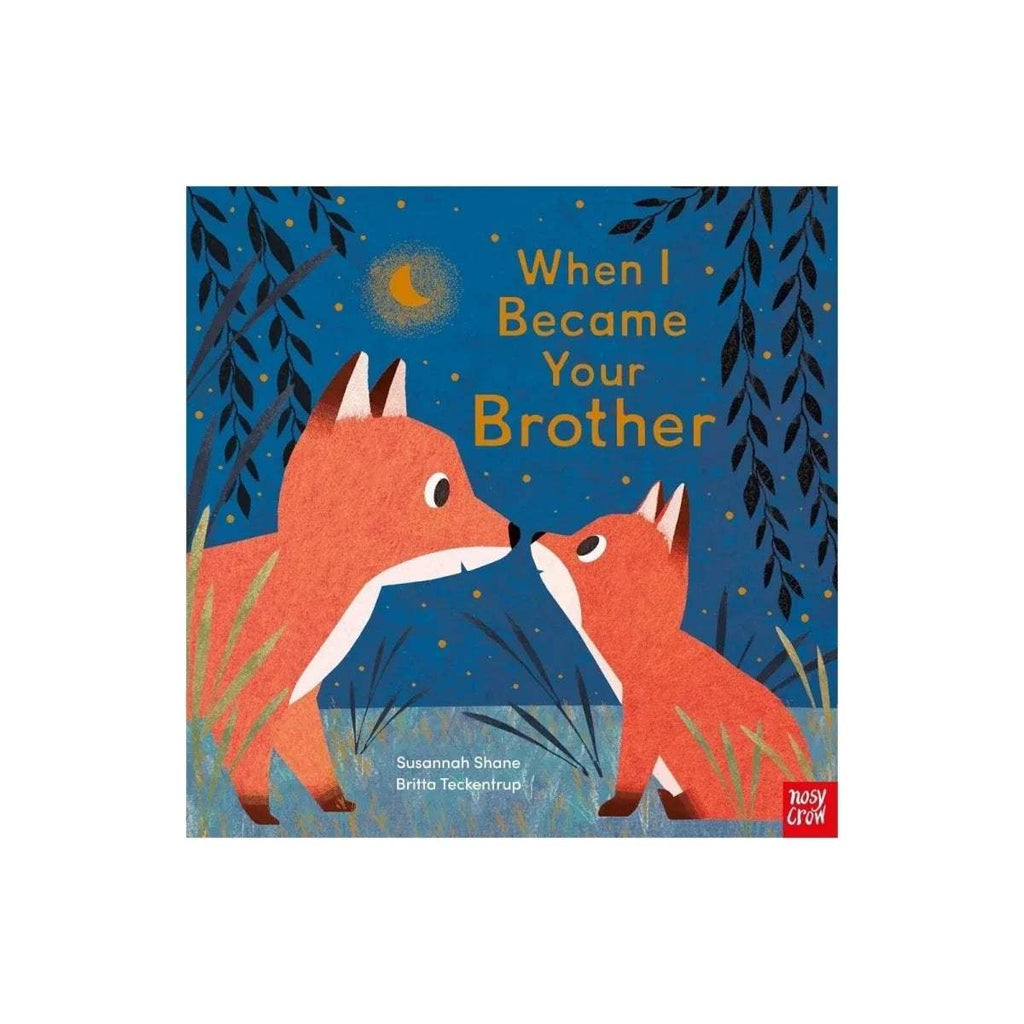 Children's picture book cover with fox siblings under moonlit trees, Nosy Crow