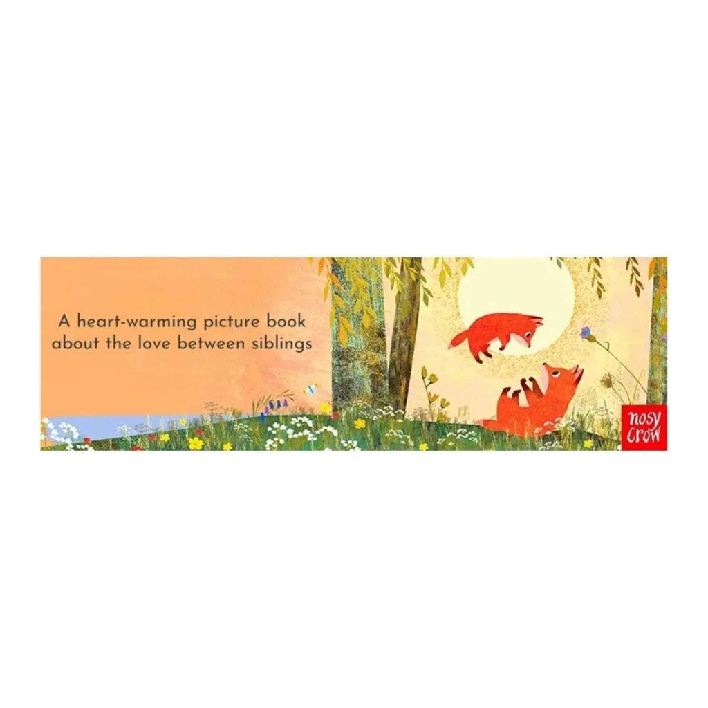 Children's picture book page with foxes playing in a meadow, Nosy Crow logo