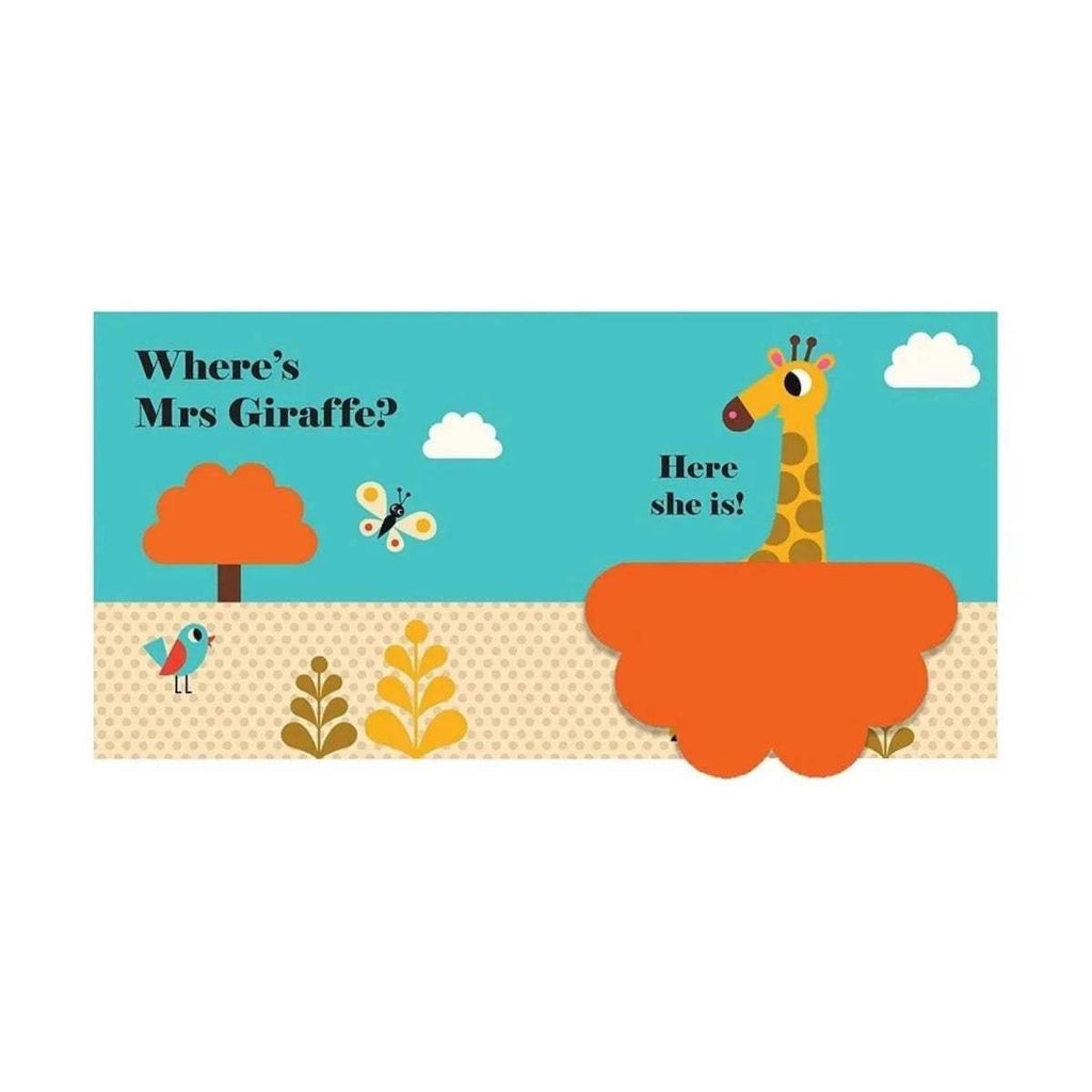 Children’s buggy book cover panel reading “Where’s Mrs Giraffe?” with giraffe