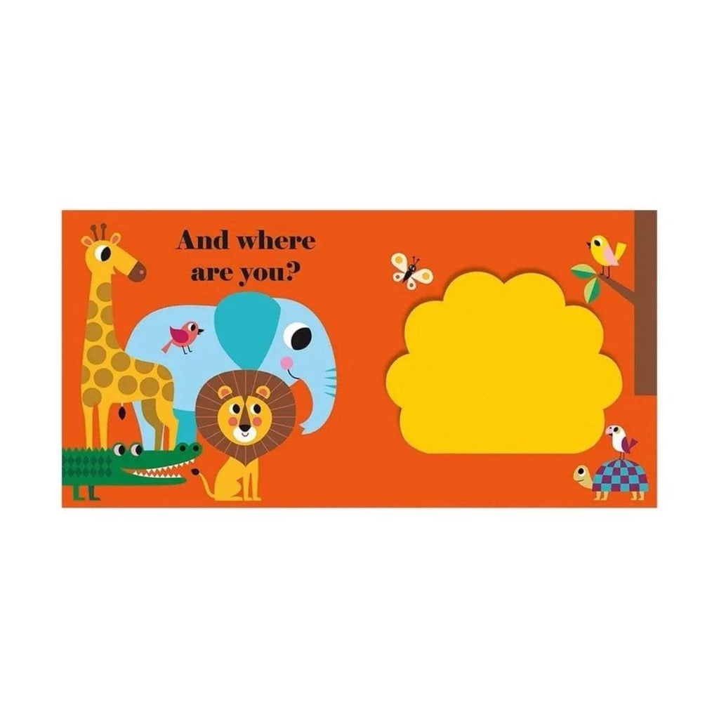 Children’s buggy book cover panel with animals and text “And where are you?”