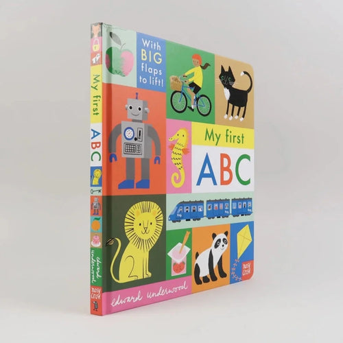 Board book cover with colorful animal pictures and large ABC title