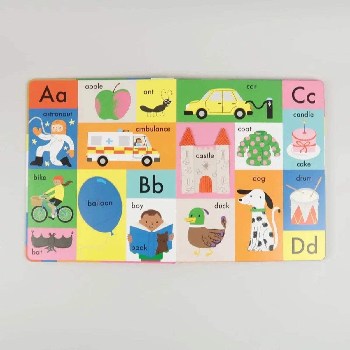 Alphabet board book page spread with letters Aa through Dd and themed icons