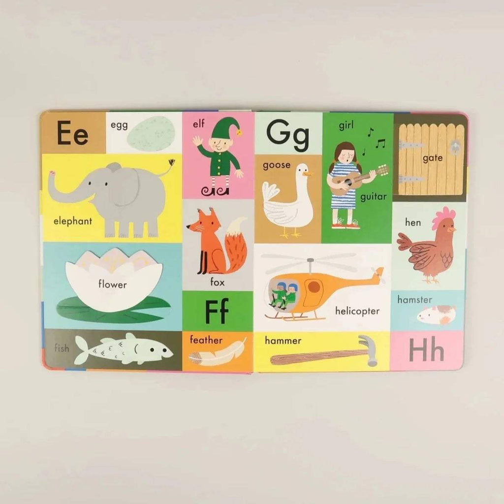 Alphabet board book page spread with letters Ee through Hh and picture icons
