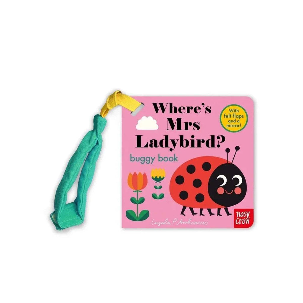 Ladybird buggy book with cloth handle; pink cover shows ladybug face and felt flaps badge