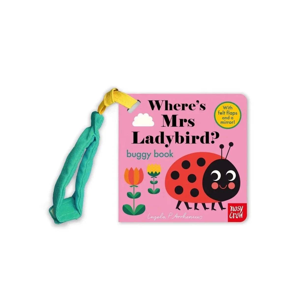 Ladybird buggy book with cloth handle; pink cover shows ladybug face and felt flaps badge