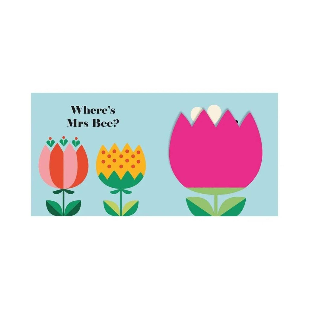 Where's Mrs Bee? page with flower illustrations and a large pink felt flower flap