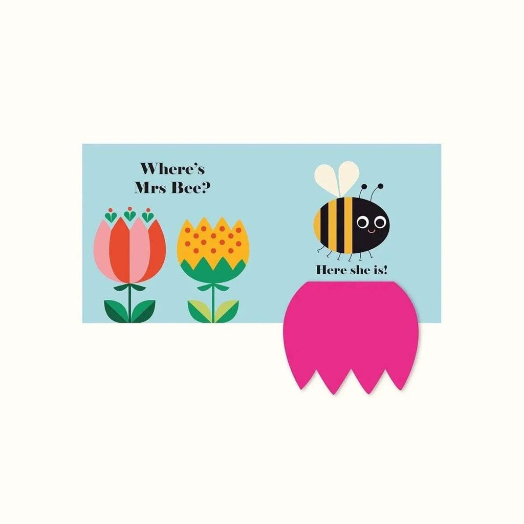 Where's Mrs Bee? page with bee illustration, flowers, and a pink felt flap