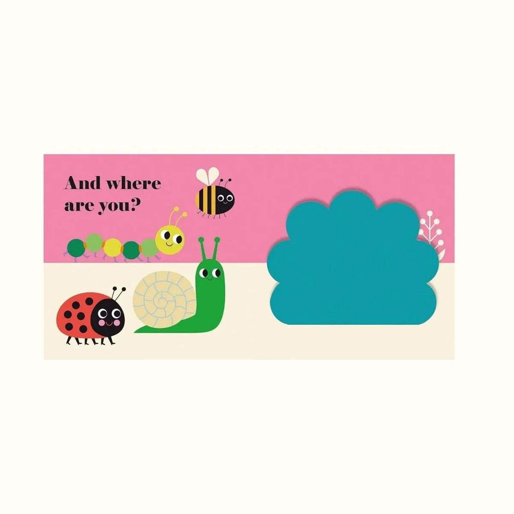 Buggy book page with ladybug, snail, and 'And where are you?' text plus blue cloud flap