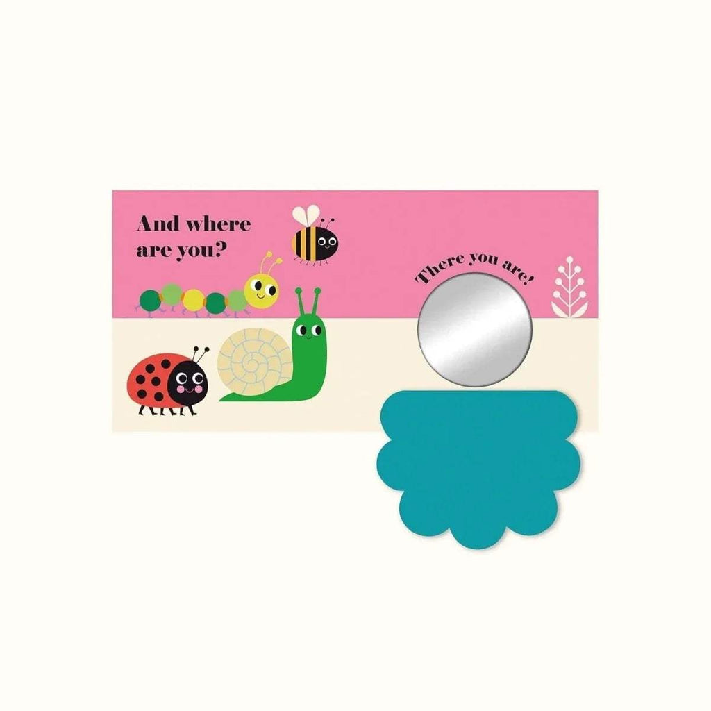 Buggy book page with animals, a round mirror circle, and a blue cloud felt flap