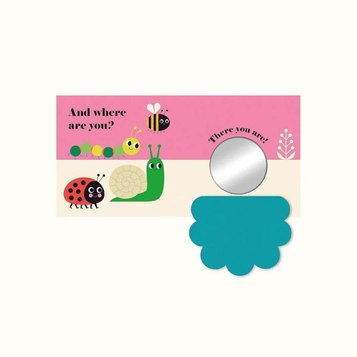 Buggy book page with animals, a round mirror circle, and a blue cloud felt flap