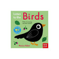 Children's sound book cover with black songbird, leaves, and Listen to the Birds text