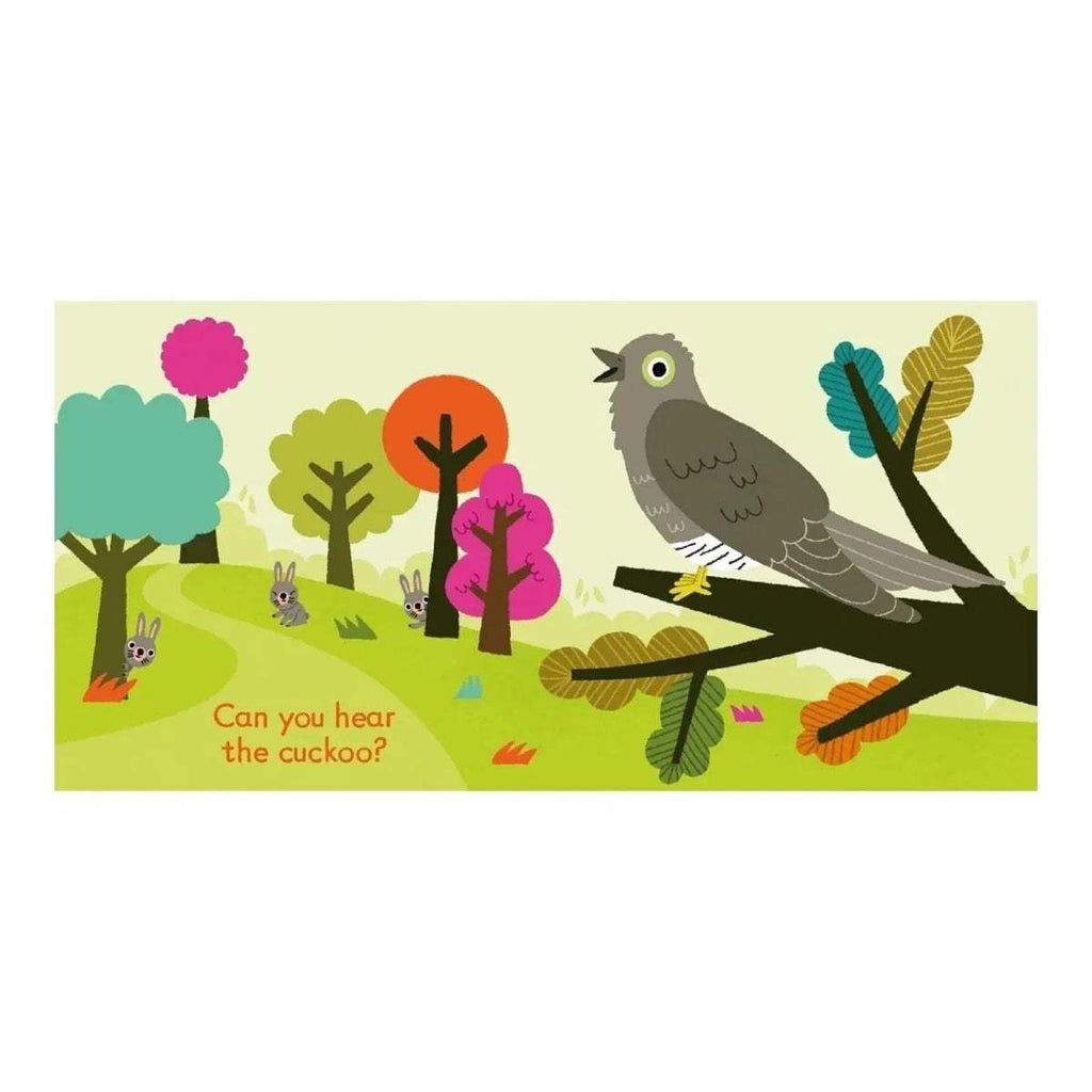 Children's sound book cover with gray cuckoo perched on branch, garden trees and rabbits