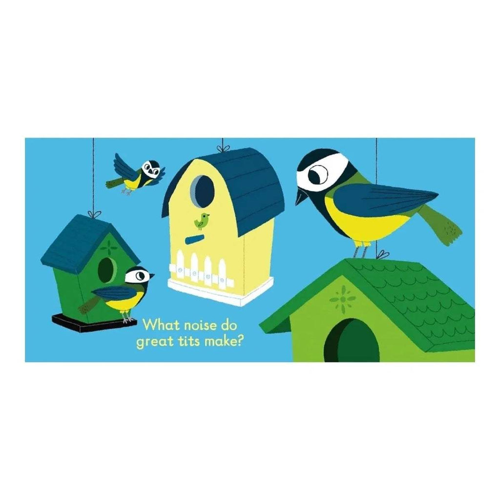 Children's sound book cover with colorful birds near birdhouses and a row of candles