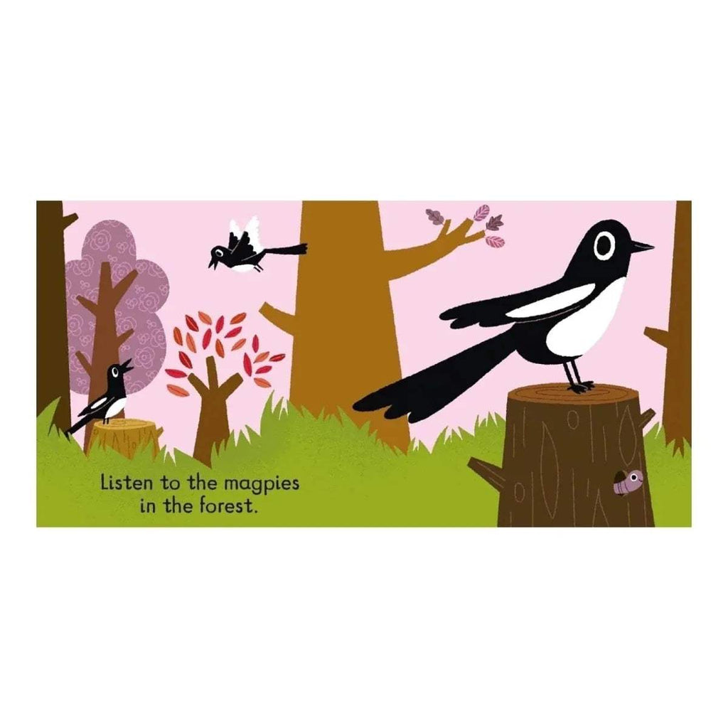 Children's sound book cover with black-and-white magpie on a forest stump and flowers
