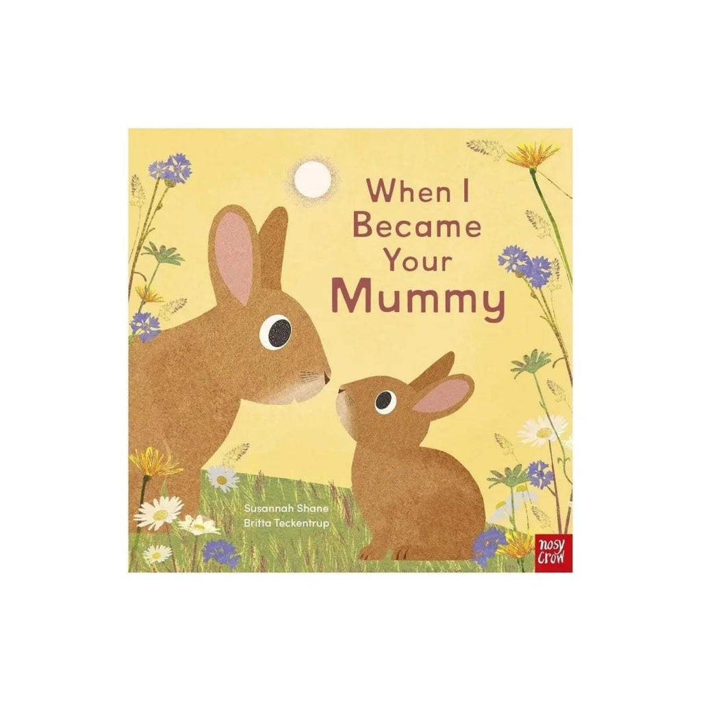 Children's picture book cover with tan rabbits and blue flowers on light yellow