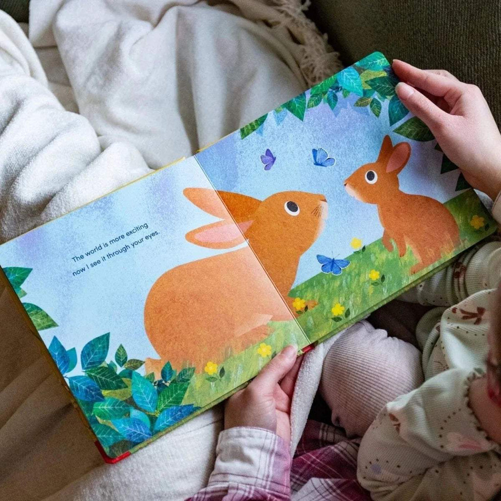 Open children's picture book spread with orange rabbits and blue butterflies illustrations