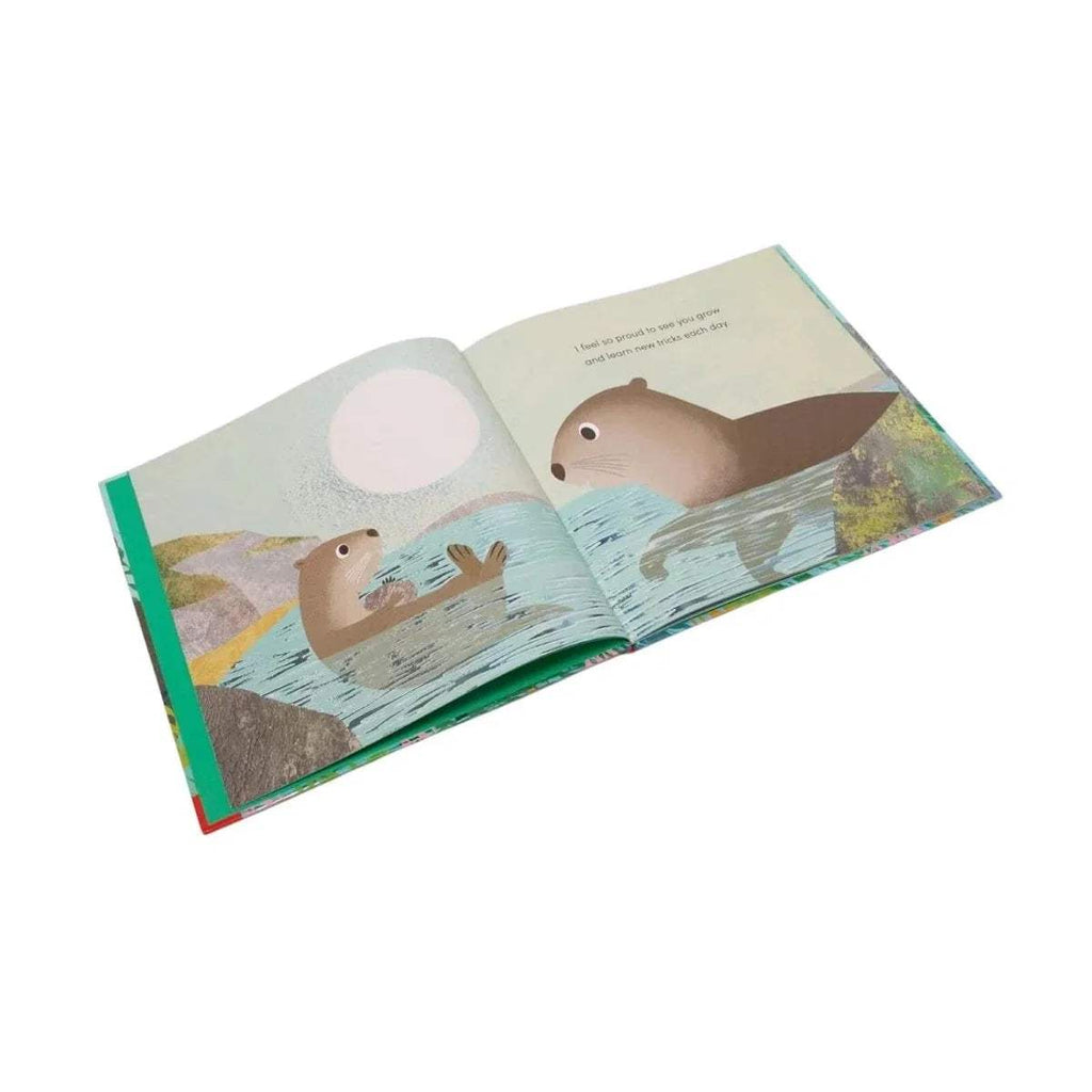 Children's picture book open spread with otter illustration swimming in blue water